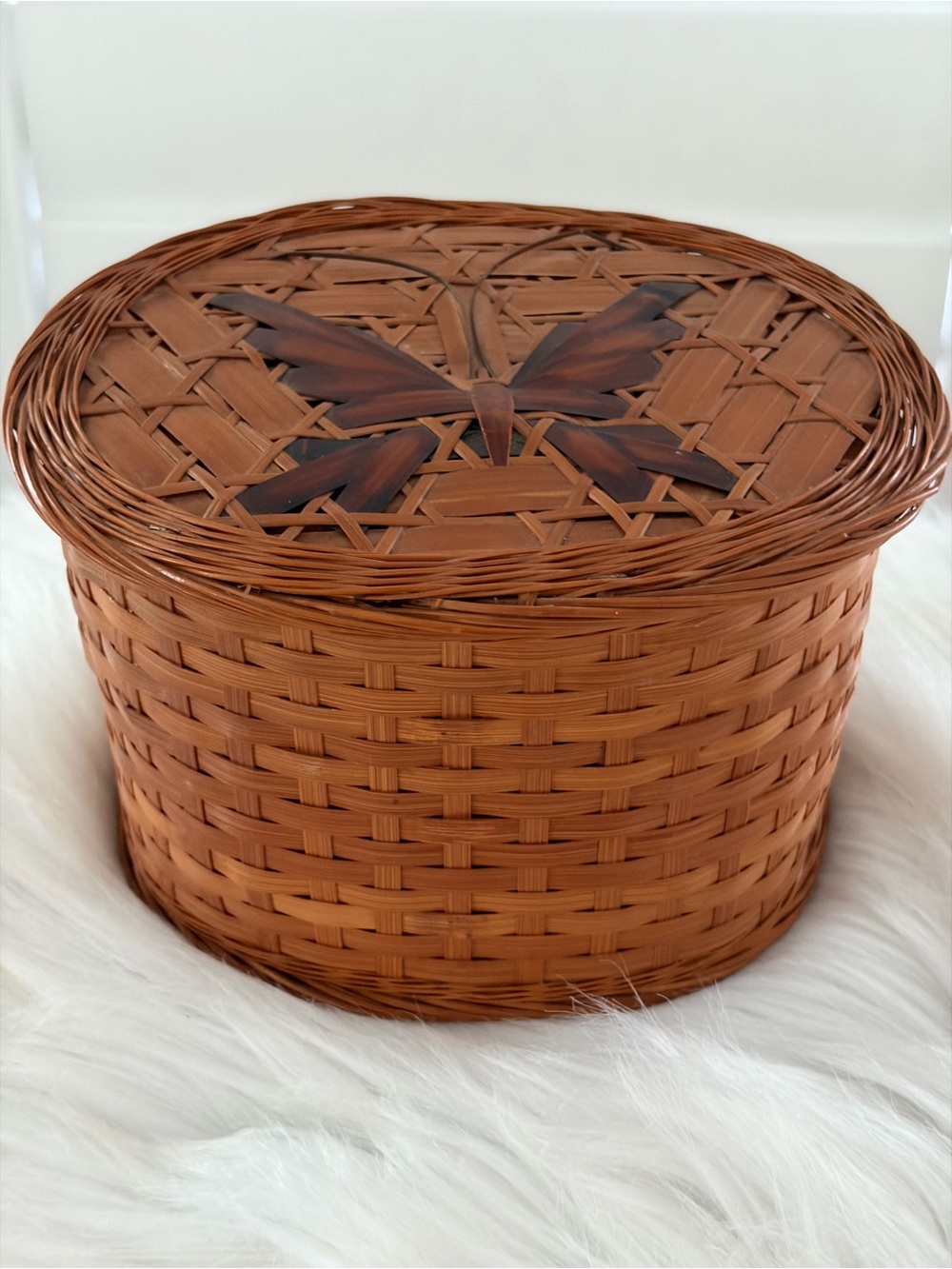 Vintage Woven Round Butterfly Lidded Storage Basket - Brown